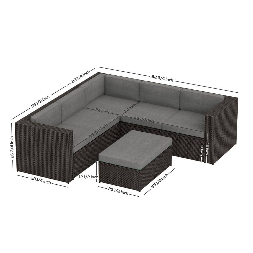 6-Piece Brown and Gray Steel Patio Sectional Set with Storage Ottoman
