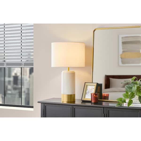 Brayward 25 in. Tan Concrete With Gold Metal Trim Table Lamp With Off-White Linen Fabric Shade