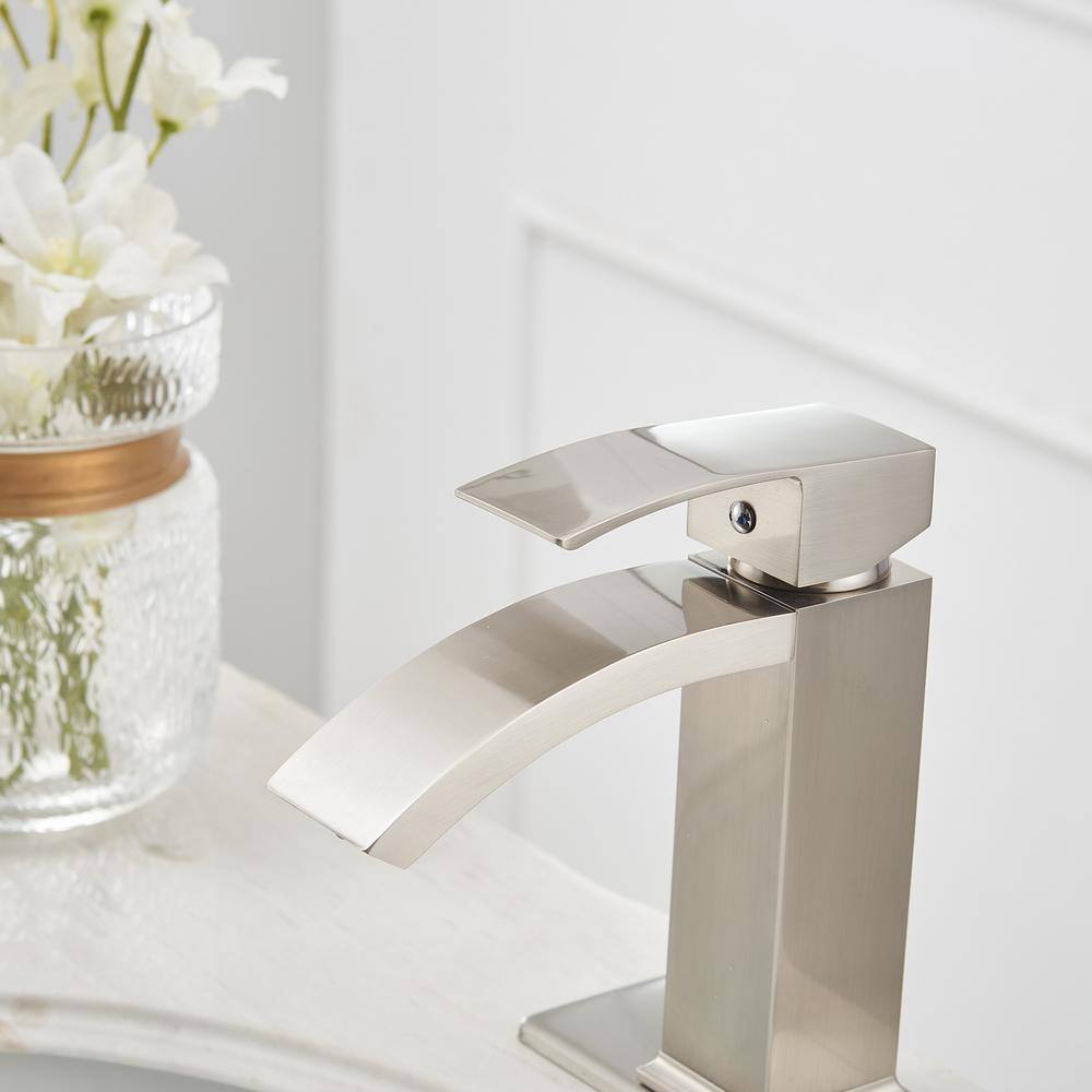 Brushed Nickel Single-Handle Waterfall Bathroom Faucet with Drain