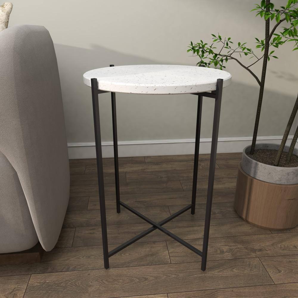 Elegant Black Terrazzo Round Accent Table with Metal Base
