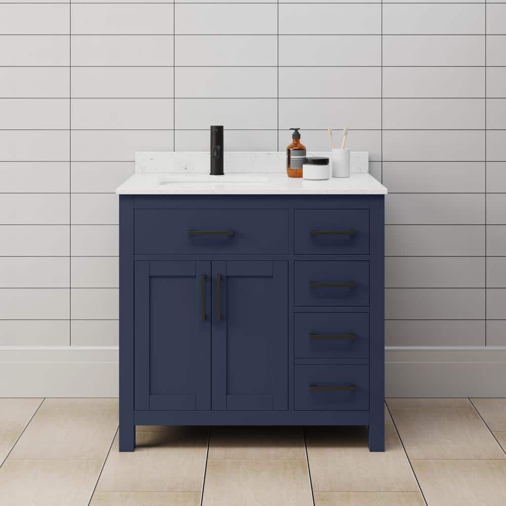 Beckett 36 in. W x 22 in. D x 35 in. H Single Sink Bathroom Vanity in Dark Blue with Carrara Cultured Marble Top price history on PriceWatchPro