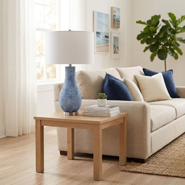 29 in. Blue Frosted Glass Teardrop Table Lamp with Metal Base