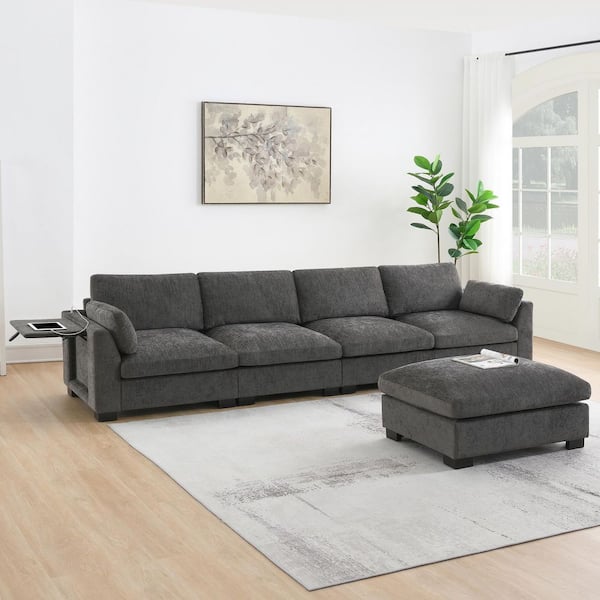 Winona 130 in. Chenille L-Shaped Sectional Sofa in Grey with Folding Table, Charging Port, 2-Pillows, Ottoman, Charcoal