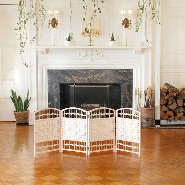 Oriental Furniture 2 ft. Short Fiber Weave Folding Screen - White - 4 Panels