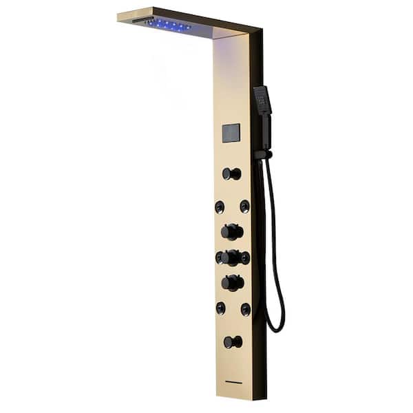 8-Jet Rainfall Shower Panel System with Rainfall Waterfall Shower Head, Shower Wand, and LED Light in Black Gold