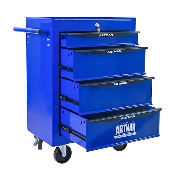 13" W 4 Drawer Rolling Metal Blue and Black Tool Carts with Ball Bearing Drawer Slides and Steel Tool Storage Organizer