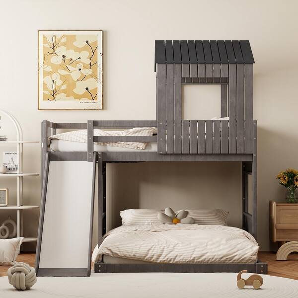 Harper & Bright Designs Antique Gray Wood Frame Twin over