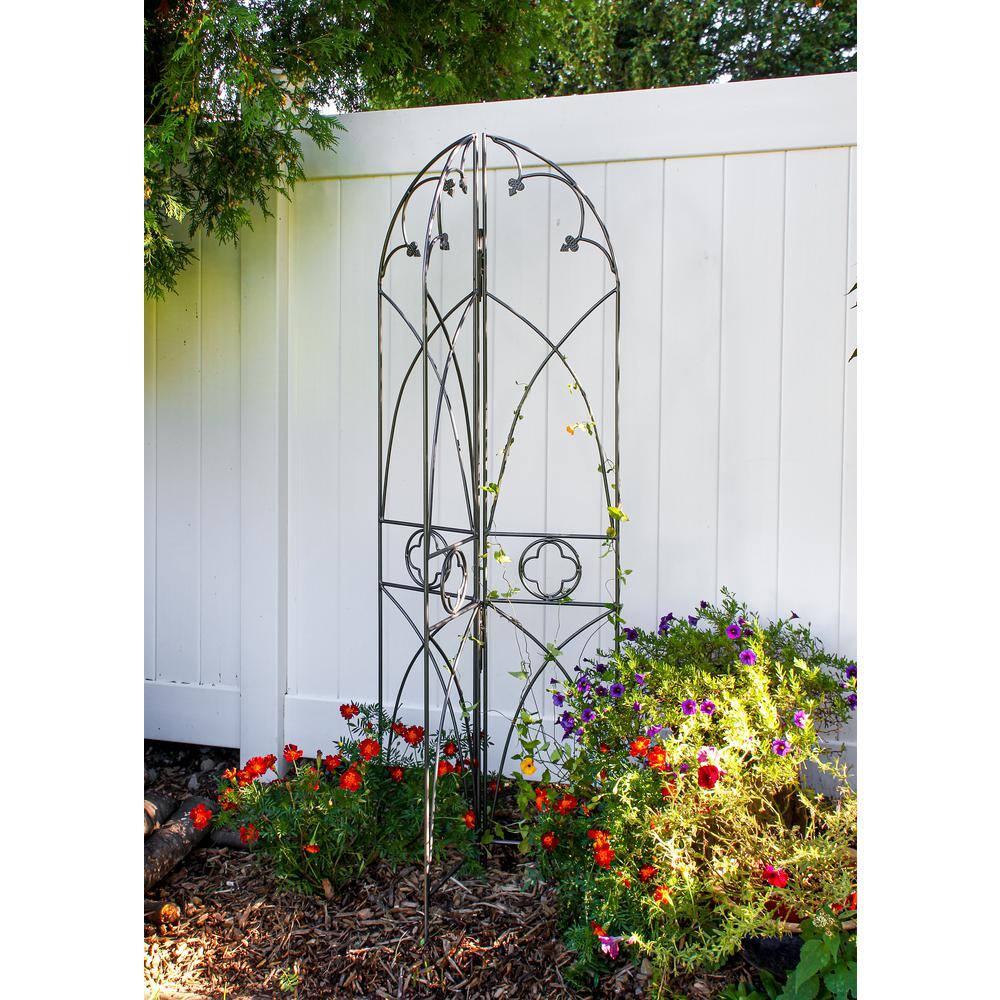 Graphite Wrought Iron Gothic Trellis with Cathedral Arches