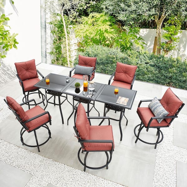 Patio Festival 9-Piece Metal Outdoor Dining Set with Red Cushions