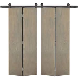 72 in. x 80 in. Weather Gray Stained MDF Composite Hollow Core Double Bi-Fold Barn Door with Sliding Hardware Kit