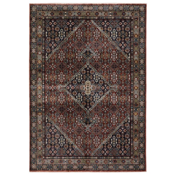 Elanor Red/Multi 10 ft. x 13 ft. Traditional Oriental Medallion Distressed Polyester Fringe-Edge Indoor Area Rug