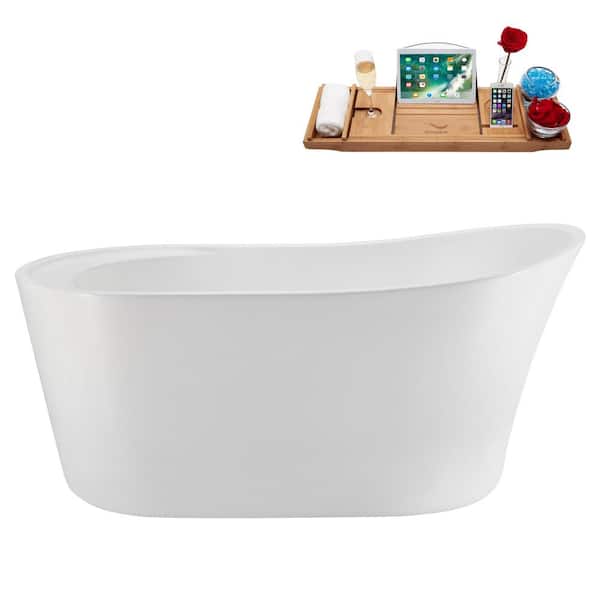 Streamline 59 in. x 30 in. Acrylic Freestanding Soaking Bathtub in Glossy White with Matte Oil Rubbed Bronze Drain, Bamboo Tray