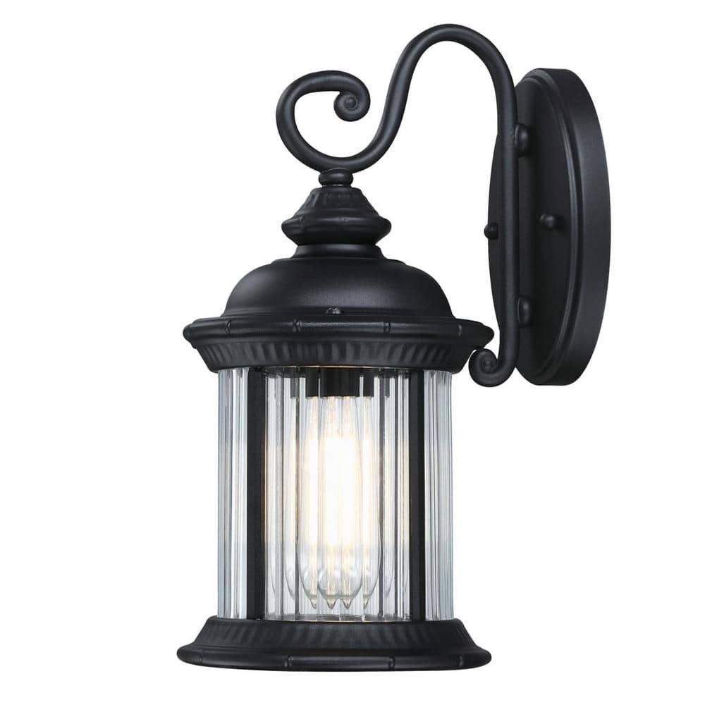 Textured Black and Clear Ribbed Glass Outdoor Wall Lantern