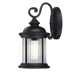 New Haven 1-Light Textured Black Outdoor Wall Mount Lantern with Clear Ribbed Glass