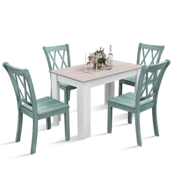 5 PCS Modern Rectangle Wood Top Dining Set Table and 4 Rubber Wood Chairs Kitchen Breakfast