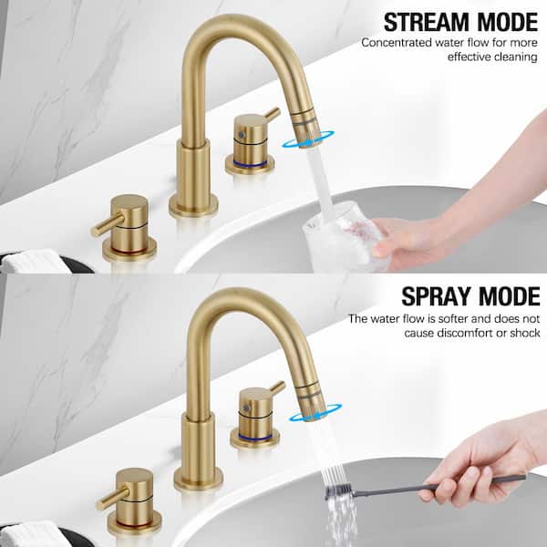 Double Handles 8 in. Widespread Bathroom Sink Faucet 3-Hole with Pull Out Sprayer in Brushed Gold