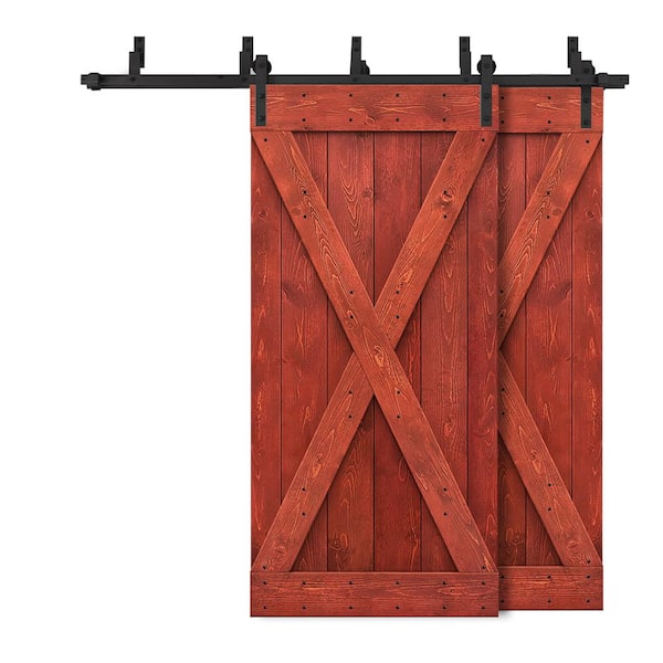 CALHOME 88 in. x 84 in. X Bypass Cherry Red Stained DIY Solid Wood Interior Double Sliding Barn Door with Hardware Kit
