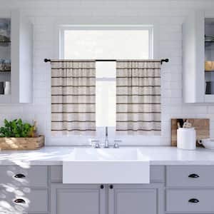 Aso Twill Stripe Linen Blend 52 in. W x 24 in. L Sheer Rod Pocket Kitchen Curtain Tier Pair in Mocha/Linen