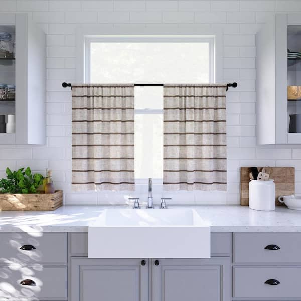 CLEAN WINDOW Aso Twill Stripe Linen Blend 52 in. W x 24 in. L Sheer Rod Pocket Kitchen Curtain Tier Pair in Mocha/Linen
