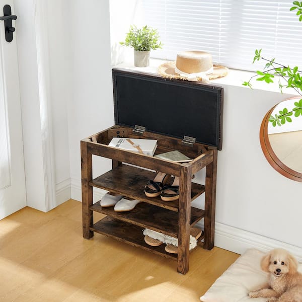 24 in. Vintage Adjustable Height Shoe Bench with Storage-Rubberwood Frame, PU Leather Seat, Bedroom Bench
