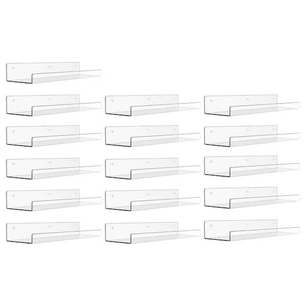 15 in. W x 4 in. D Clear Acrylic Floating Shelves for Wall Storage, Display Shelf, Decorative Wall Shelf 16 Pack
