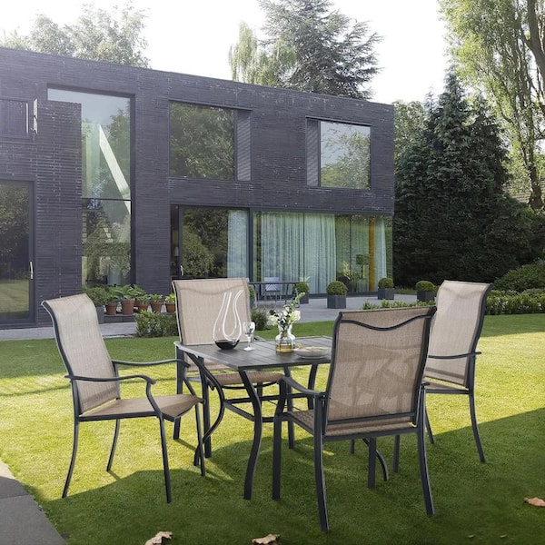 ELPOSUN Stationary Metal All-Weather Textilene Beige Outdoor Patio Dining Chairs with Curved Arms for Garden Lawn (Set of 4)