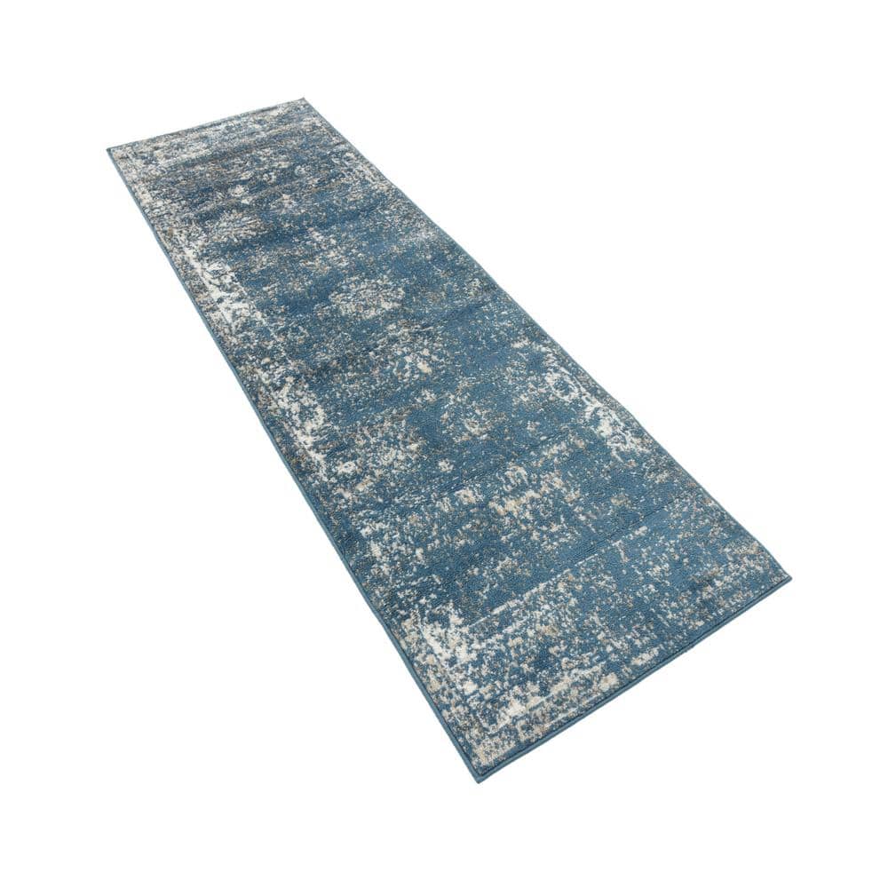 Blue and Ivory Low Pile Reversible Runner Rug