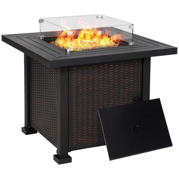 33.75" Black Brown Metal Square Outdoor Propane Gas Fire Pit Table with Glass Wind Guard, Lid, Lava Rocks, Steel Base