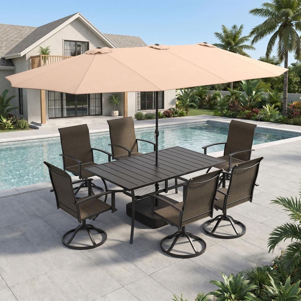8-Piece Metal Outdoor Dining Set with 59.2'' Rectangle Table, 6 Brown Textilene Swivel Dining Chairs and Beige Umbrella price history on PriceWatchPro