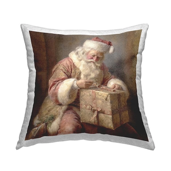 Stupell Industries Vintage Santa Wrapping Gift Brown Square Outdoor Throw Pillow