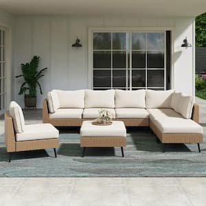 8-Piece Tan Wicker Outdoor Sectional Set with Beige Cushions