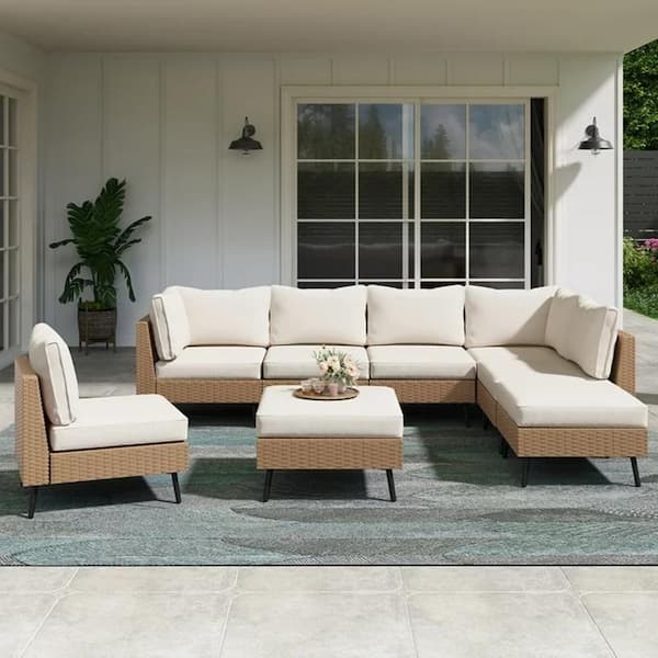 LAUSAINT HOME 8-Piece Tan Wicker Outdoor Sectional Set with Beige Cushions
