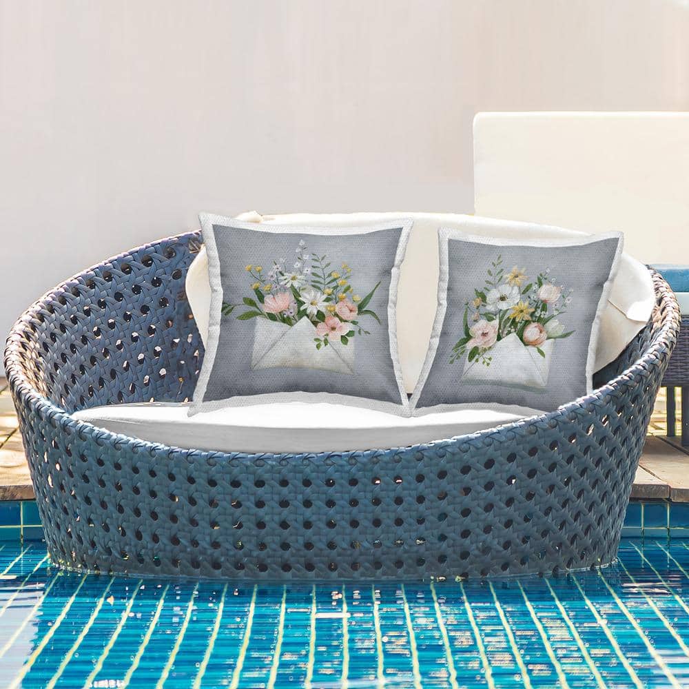 Blue Floral Envelope Print Square Outdoor Throw Pillow Set