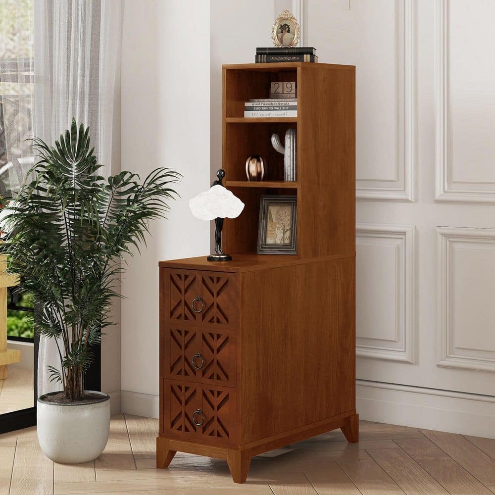 11.8 in. Walnut-A L-Shaped Solid Wood End Table with Charging Station, Tall Side Table for Bedroom Living Room