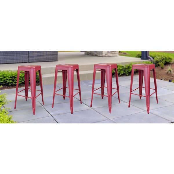 30 in. Red Metal, Backless, Zinc Plated, Outdoor Use Bar Stool (Set of 4)
