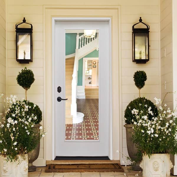 Legacy 34 in. x 80 in. Right-Hand/Inswing Full Lite Clear Glass White Primed Fiberglass Prehung Front Door w/4 in. Jamb