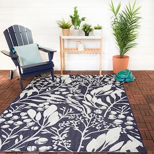 Berry Leaves Navy 5 ft. x 7 ft. Floral Indoor/Outdoor Patio Area Rug