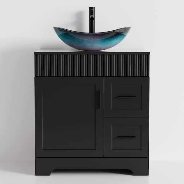 30 in. W x 20 in. D x 32 in. H Single Sink Black Bath Vanity with Turquoise Oval Glass Vessel Sink Top