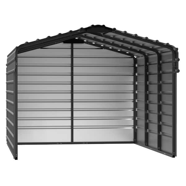 Arrow 10 ft. W x 15 ft. D x 7 ft. H Charcoal Galvanized Steel Carport with 3-sided Enclosure