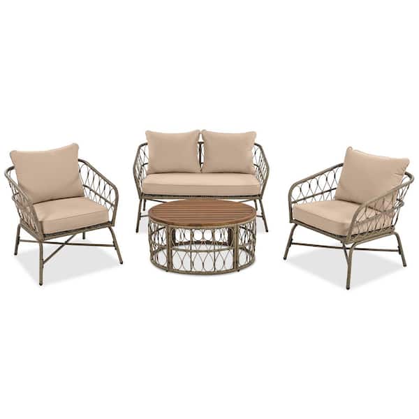 Sudzendf 4-Piece Wicker Outdoor Patio Conversation Set with Beige Removable Cushions and Wood Tabletop