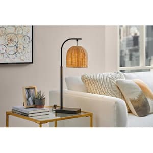 Piping 24 in. Matte Black Table Lamp with Rattan Shade