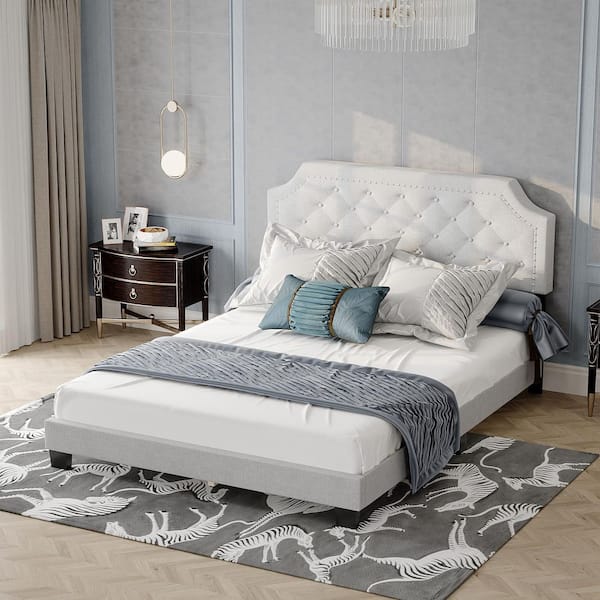Light Gray Upholstered Frame Queen Platform Bed with Tall Headboard, Sturdy Slat Support