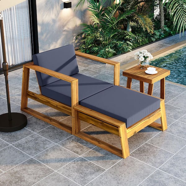 3-Pieces Acacia Wood Outdoor Chaise Lounge Set with Gray Cushions and Side Table for Gardens Patio Balconies