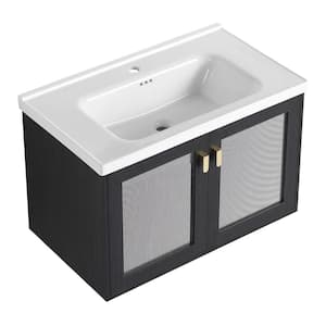 31.90 in. W Floating Wall-Mounted Bath Vanity in Black Chestnut with White Ceramic Top