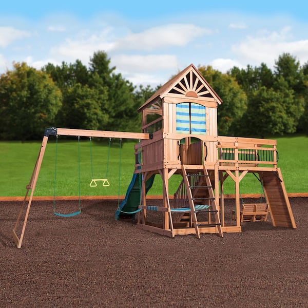 Caribbean Outdoor Playground Set w/ Wave Slide, Rockwall, Swing Set, and Porch-Style Bench Swing