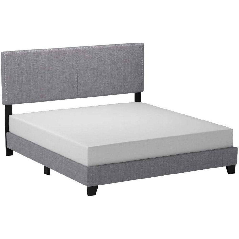 Benjara Gray Wooden Frame King Platform Bed With Padded Headboard And ...