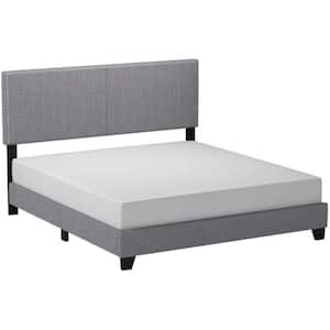 Gray Wooden Frame King Platform Bed with Padded Headboard and Nail Head Trim