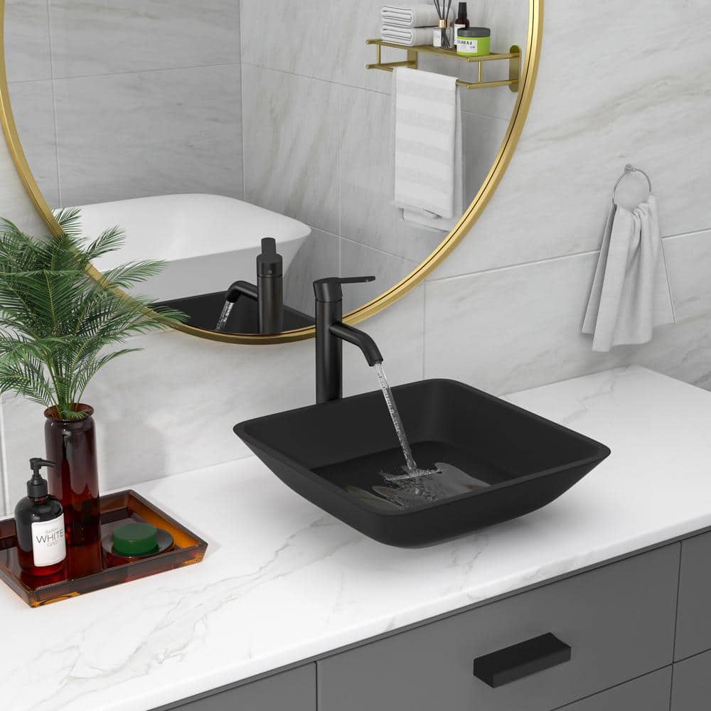 16.42 Inch Matte Black Glass Square Vessel Sink with Faucet