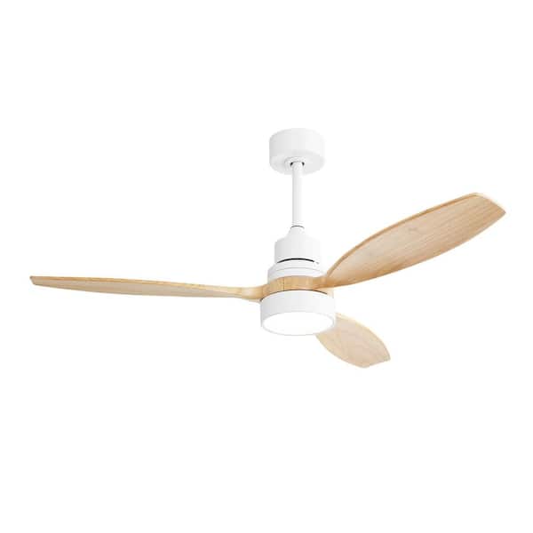 PUDO 52 in. Integrated LED Wooden Indoor Natural Ceiling Fan Lighting with 3 Solid Wood Blades and Remote Control