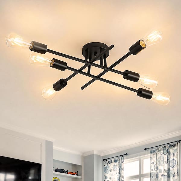 Industrial 25.59 in. 6-Light Black Linear Semi-Flush Mount Light Sputnik Ceiling Light